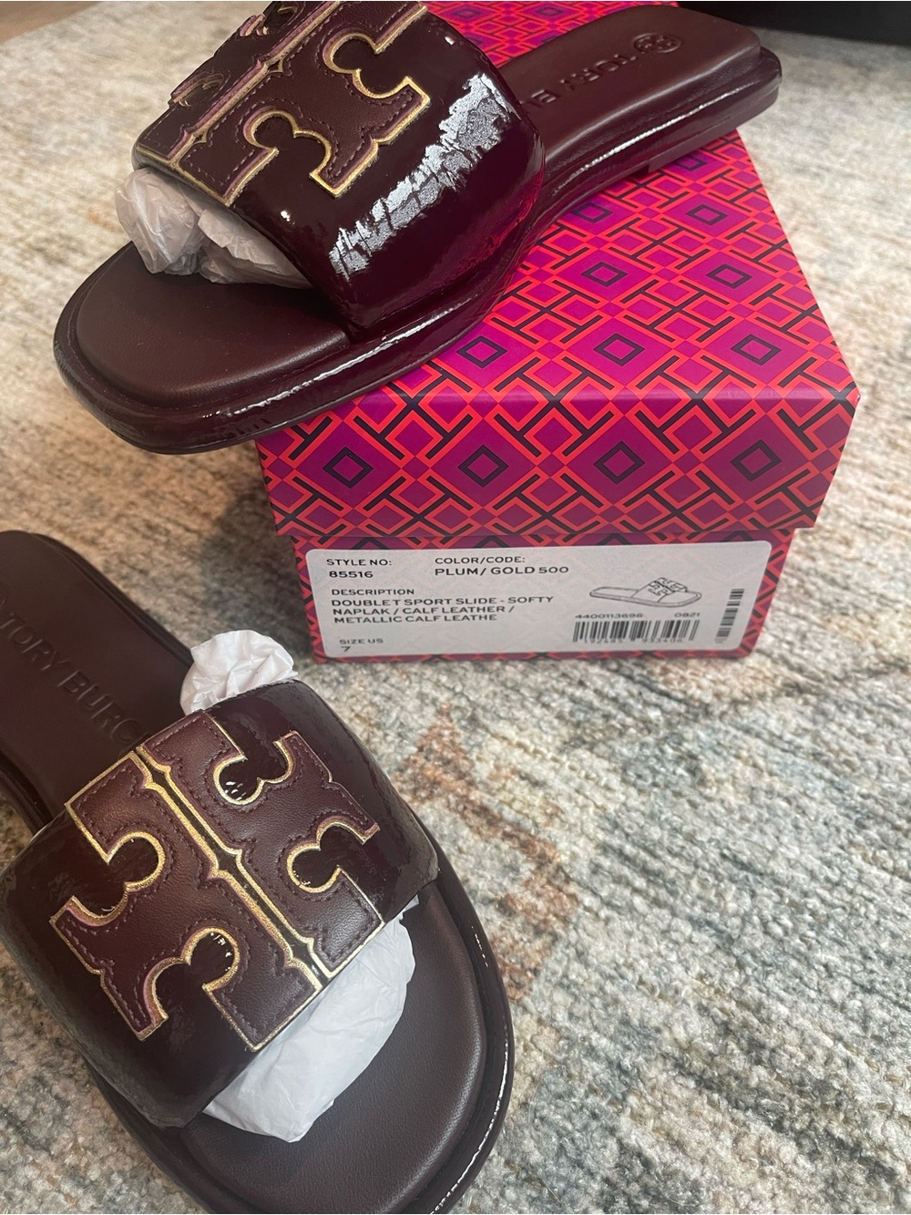 Tory Burch Plum Patent Slide Sandals with Gold Logo
